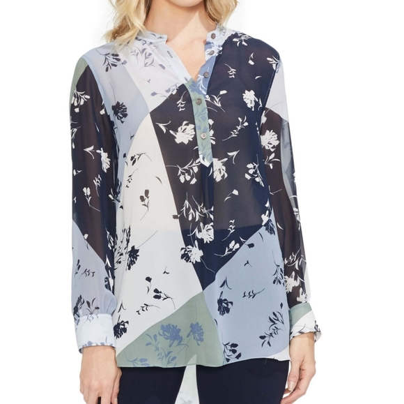 Vince Camuto Floral Patchwork Henley Top - Picture 4 of 4